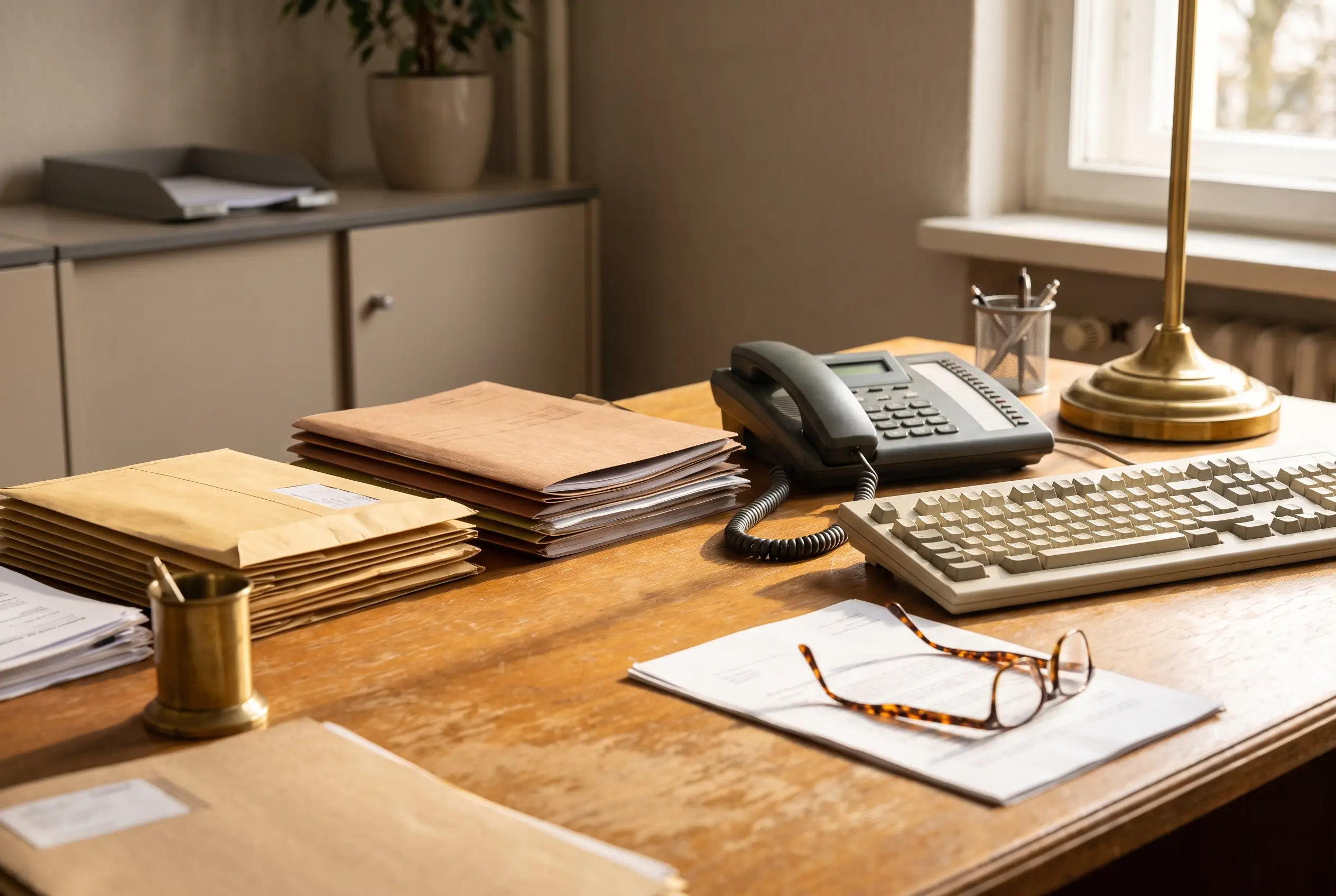 Schreibtisch einer Hausverwaltung mit Poststapel und Telefon